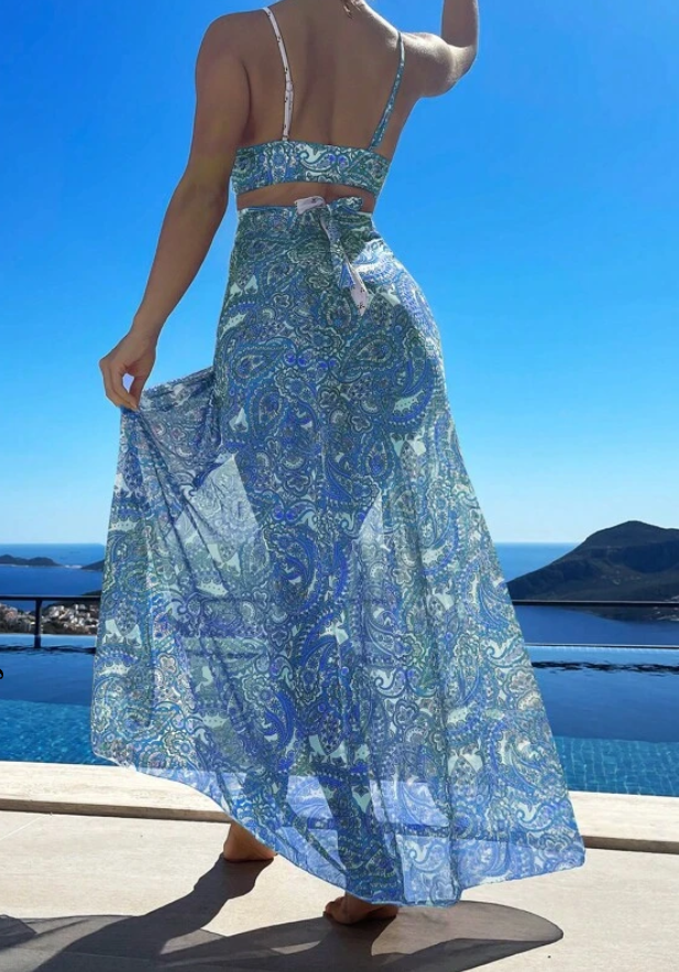 Conjunto de Bikini con Pareo Estampado Paisley - Azul
