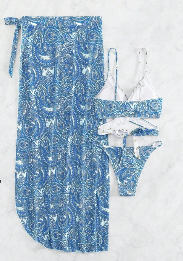 Conjunto de Bikini con Pareo Estampado Paisley - Azul