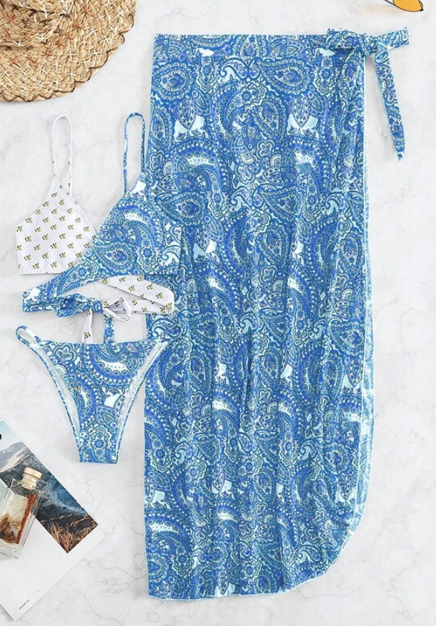 Conjunto de Bikini con Pareo Estampado Paisley - Azul