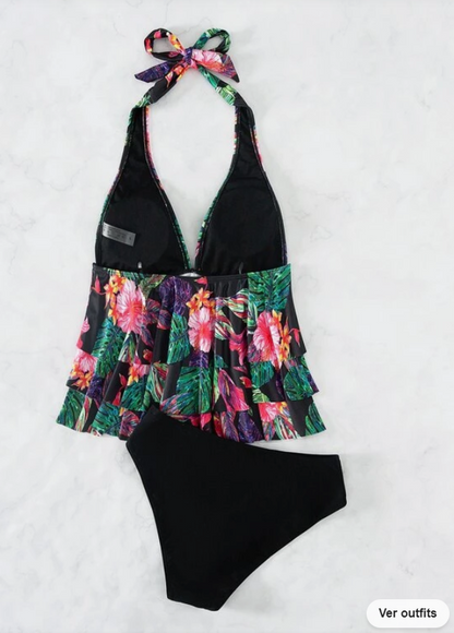 Bikini Halter con Estampado Tropical y Volantes ✨