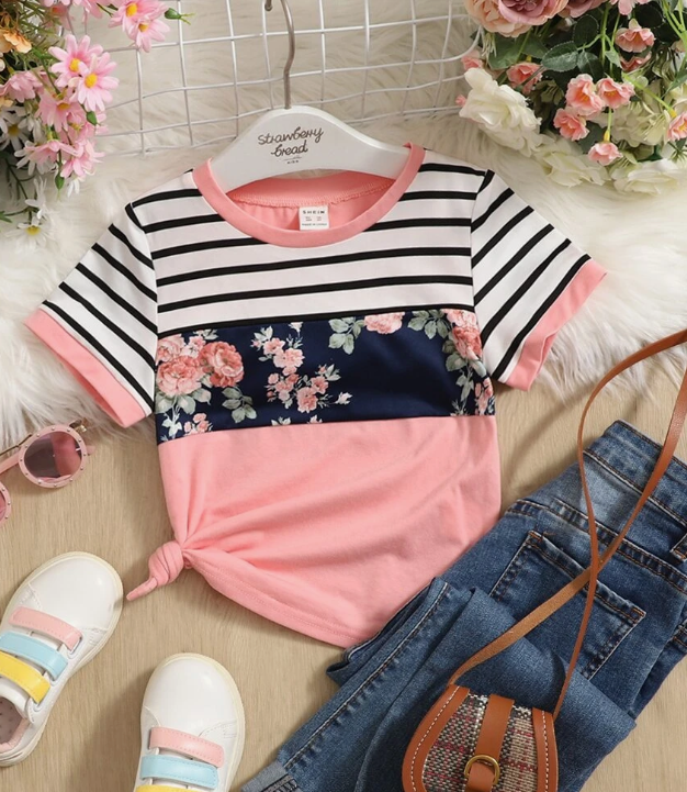 🌸 Polera Infantil Multicolor con Estampado Floral y Rayas