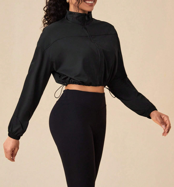 🖤 Cortaviento Deportivo Mujer – Crop con Cordón Ajustable y Cremallera