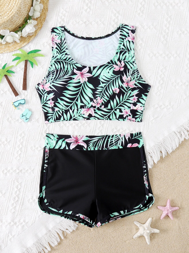 🌺 Bikini Deportivo con Estampado Tropical – 2 Piezas