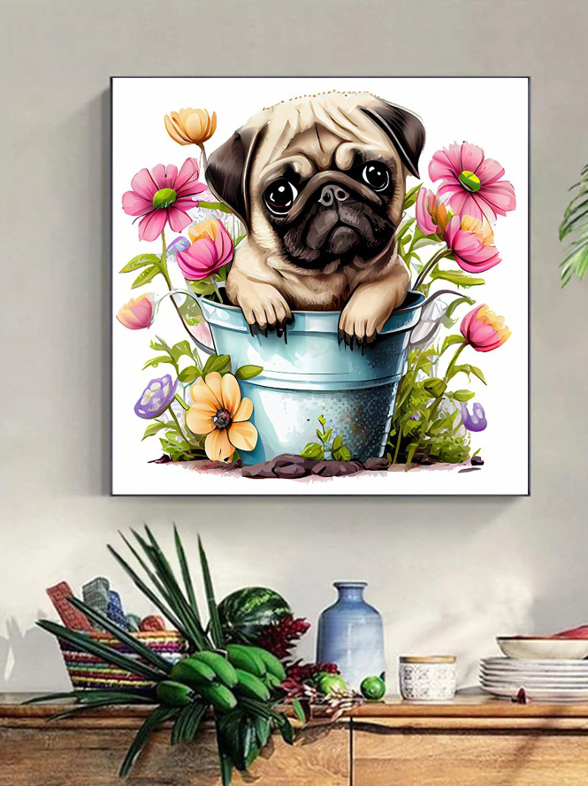 Pintura de Diamantes DIY - Patrón de Perro en Flores