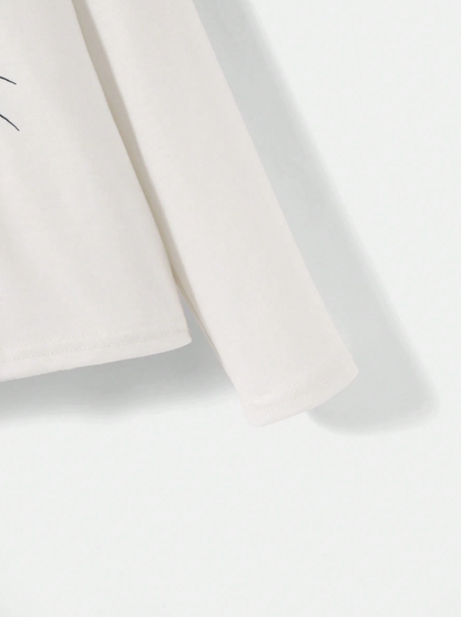 🐱 Polera Manga Larga Estampado Gatito - Blanco