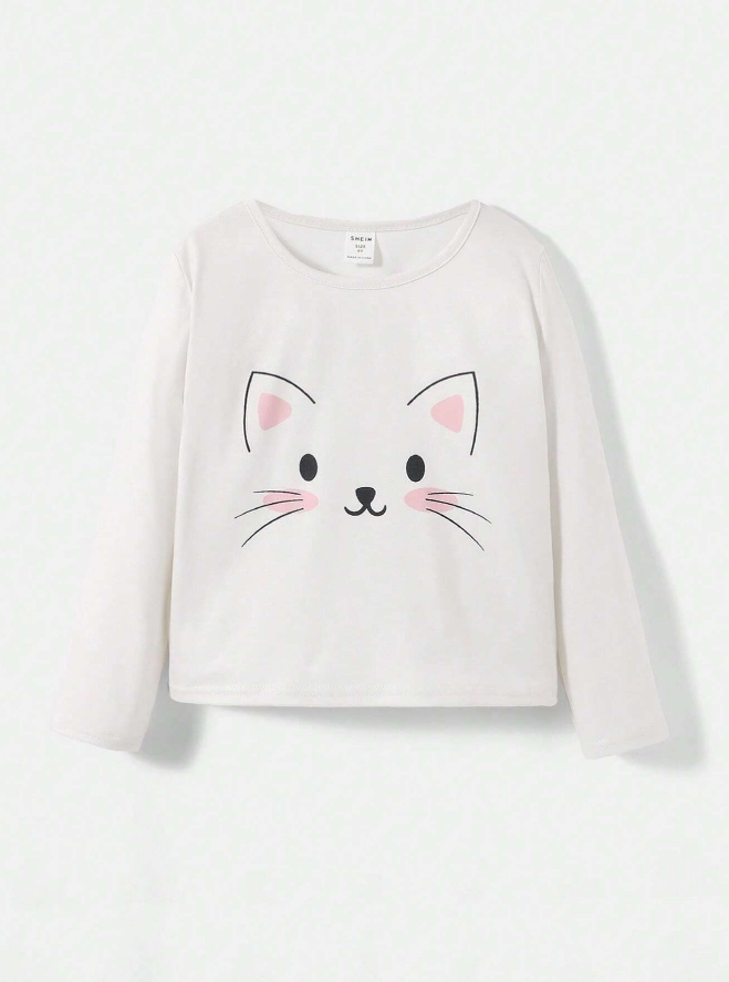 🐱 Polera Manga Larga Estampado Gatito - Blanco