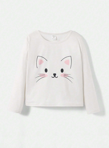 🐱 Polera Manga Larga Estampado Gatito - Blanco