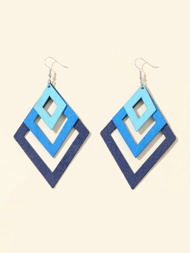 🔷 Pendientes Geométricos – Degradé Azul en Madera