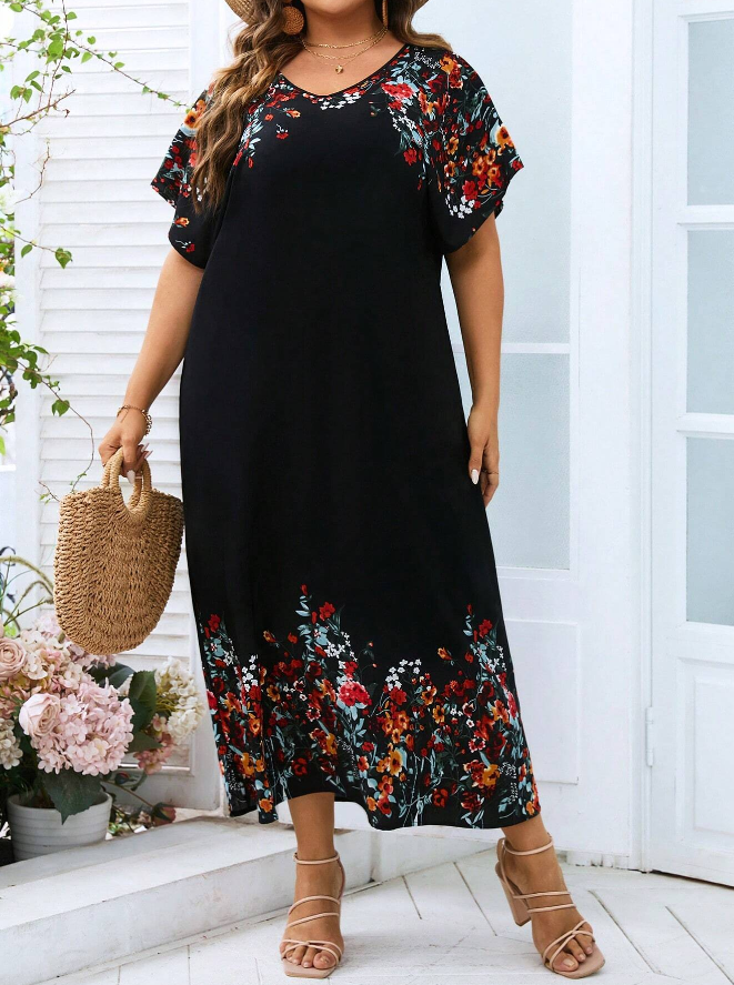 🌺 Vestido Túnico Floral de Manga Murciélago – Talla Grande