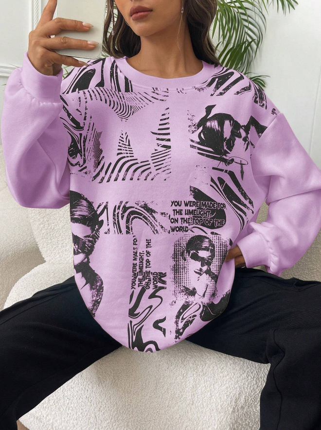 💜 Sudadera con Estampado de Figura y Slogan