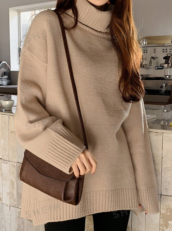 🤎 Suéter de Cuello Alto con Hombros Caídos