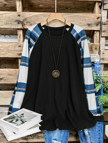 💙 Camiseta de Manga Larga con Cuello Redondo y Estampado de Cuadros