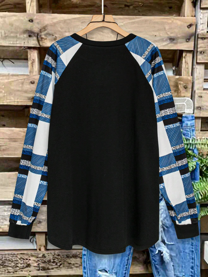 💙 Camiseta de Manga Larga con Cuello Redondo y Estampado de Cuadros