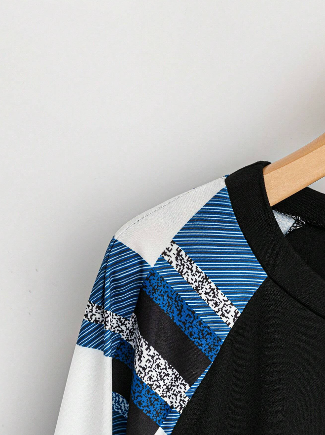 💙 Camiseta de Manga Larga con Cuello Redondo y Estampado de Cuadros