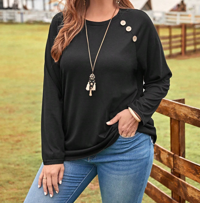 🖤 Camiseta con Diseño de Botón y Manga Raglán