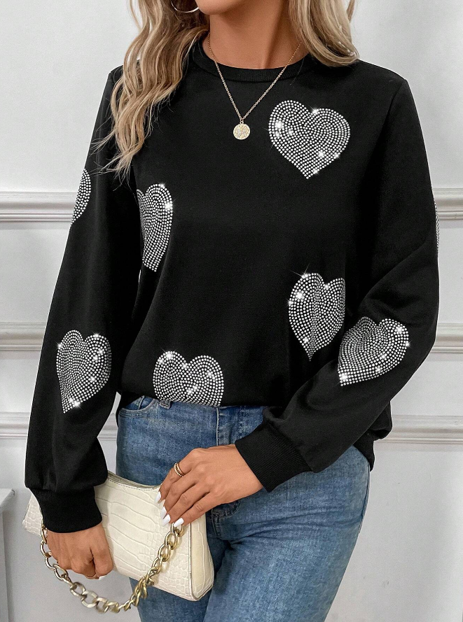 🖤 Sudadera de Cuello Redondo con Diseño de Corazón y Decoración de Strass