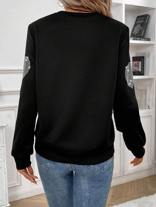 🖤 Sudadera de Cuello Redondo con Diseño de Corazón y Decoración de Strass