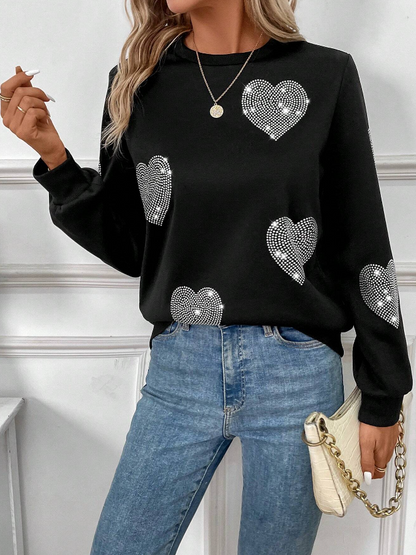 🖤 Sudadera de Cuello Redondo con Diseño de Corazón y Decoración de Strass