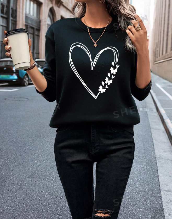 🖤 Sudadera de Cuello Redondo con Diseño de Corazón y Mariposas
