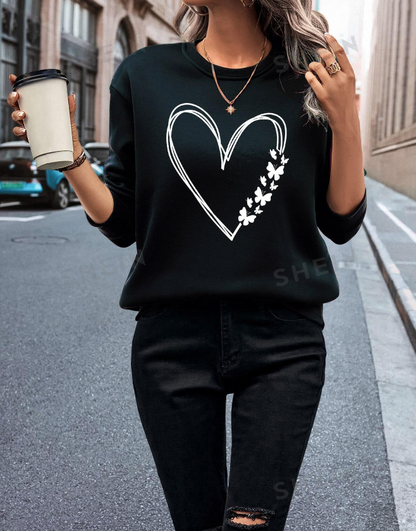 🖤 Sudadera de Cuello Redondo con Diseño de Corazón y Mariposas