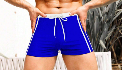 🌊 Shorts de Baño Hombre – Rayas Verticales Azul & Blanco