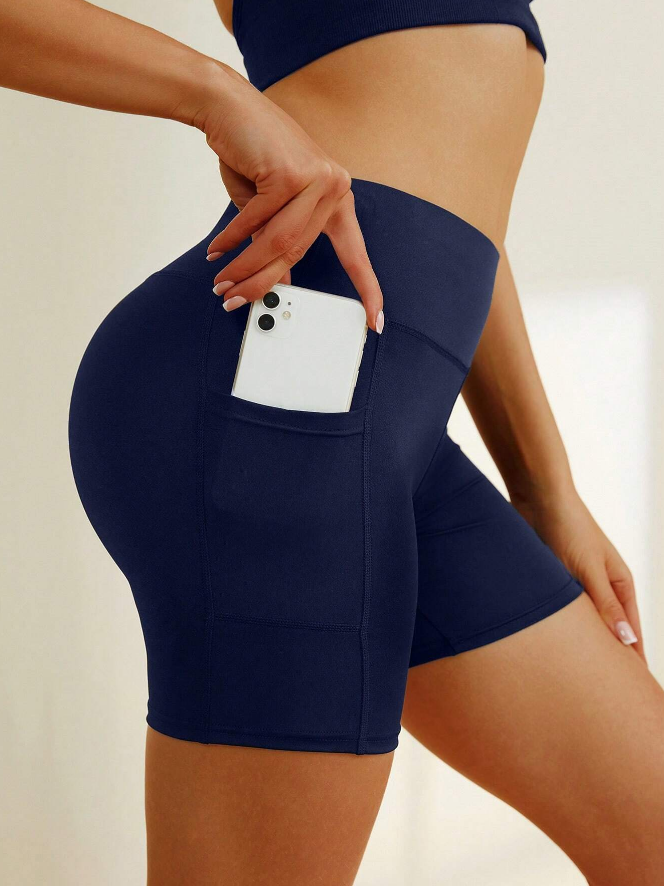 💙 Pantalones Cortos de Yoga de Cintura Alta con Control de Abdomen y Bolsillos