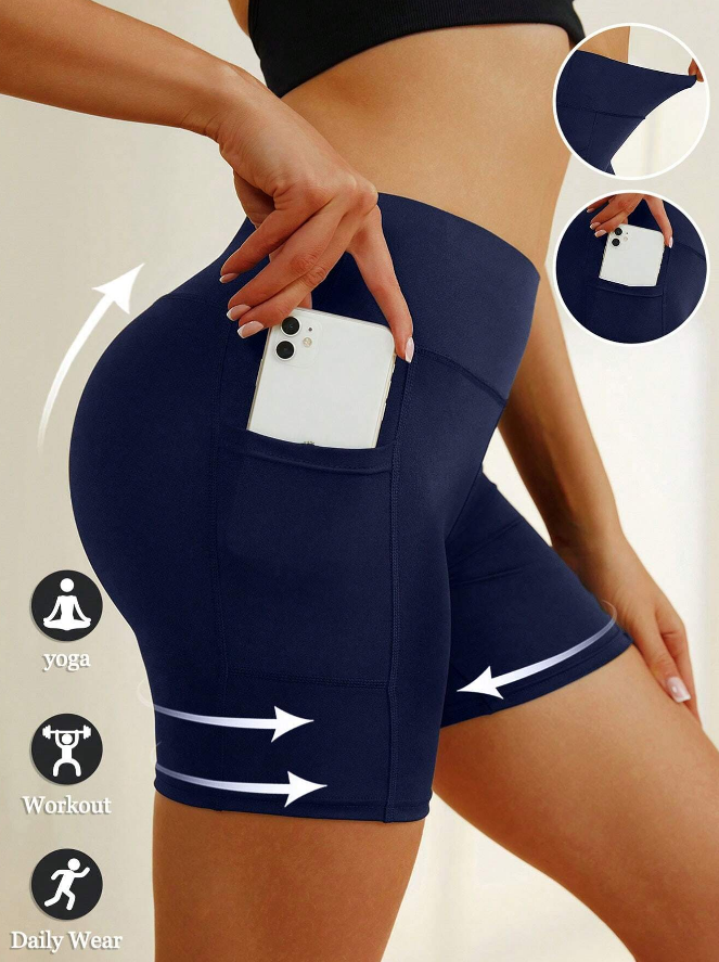 💙 Pantalones Cortos de Yoga de Cintura Alta con Control de Abdomen y Bolsillos