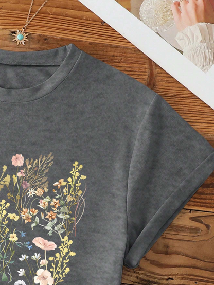 🌿 Camiseta de Manga Corta con Cuello Redondo y Diseño de Plantas