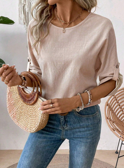 🍑 Blusa de Manga Media y Cuello Redondo Unicolor