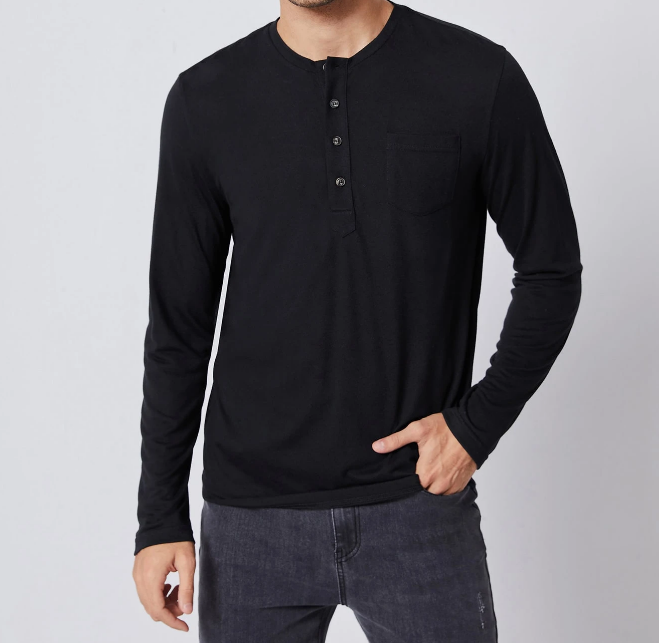 🖤 Camiseta Henley Hombre – Manga Larga Negra de Punto