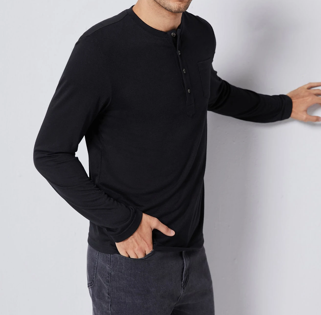 🖤 Camiseta Henley Hombre – Manga Larga Negra de Punto