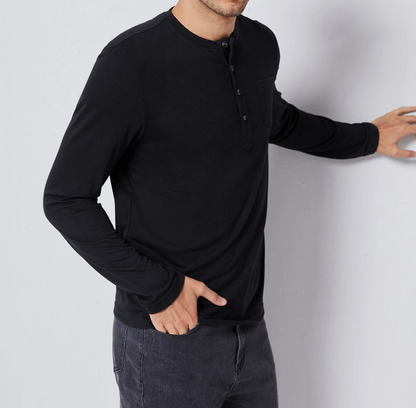 🖤 Camiseta Henley Hombre – Manga Larga Negra de Punto
