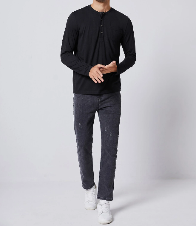 🖤 Camiseta Henley Hombre – Manga Larga Negra de Punto