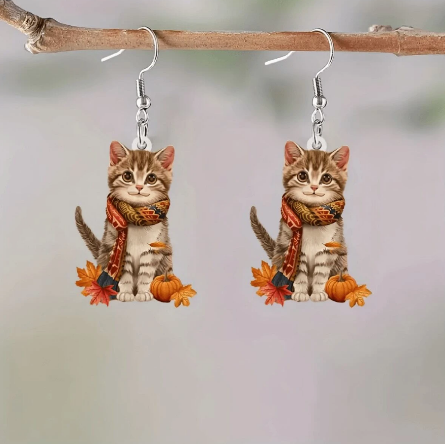 🍁 Pendientes Otoñales – Gatitos con Bufanda y Calabazas