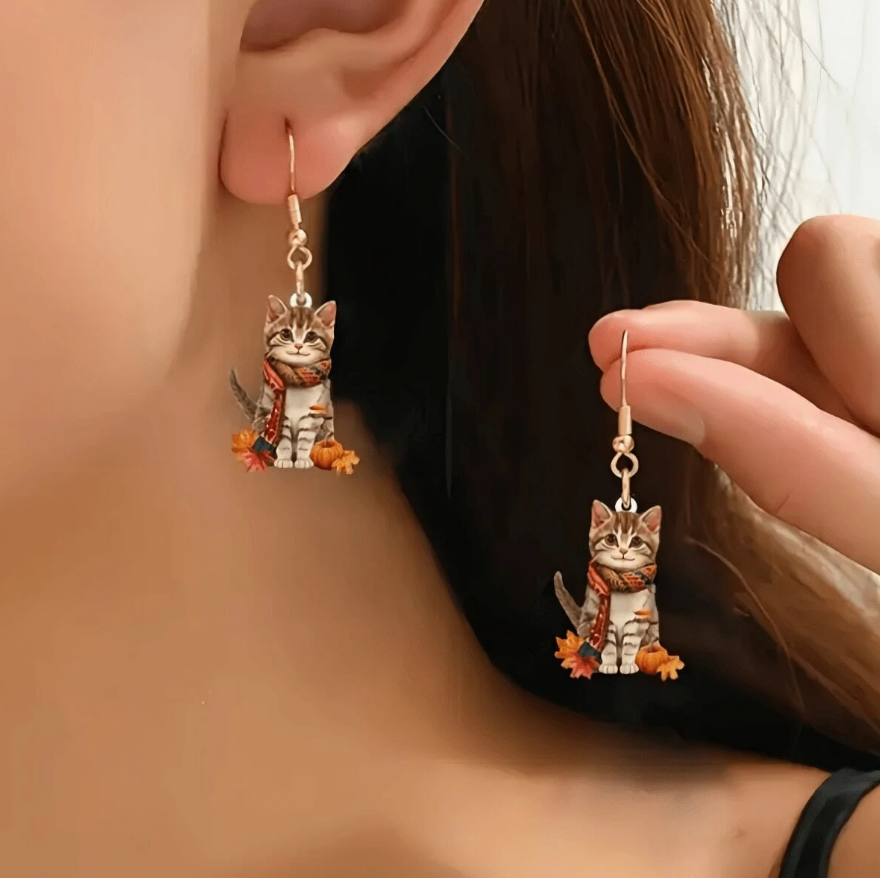 🍁 Pendientes Otoñales – Gatitos con Bufanda y Calabazas