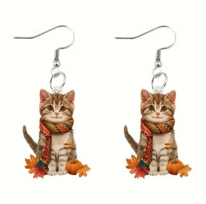 🍁 Pendientes Otoñales – Gatitos con Bufanda y Calabazas