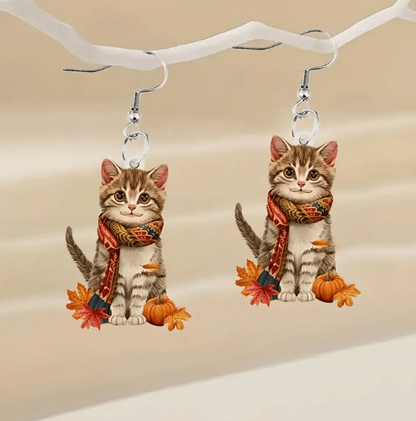 🍁 Pendientes Otoñales – Gatitos con Bufanda y Calabazas