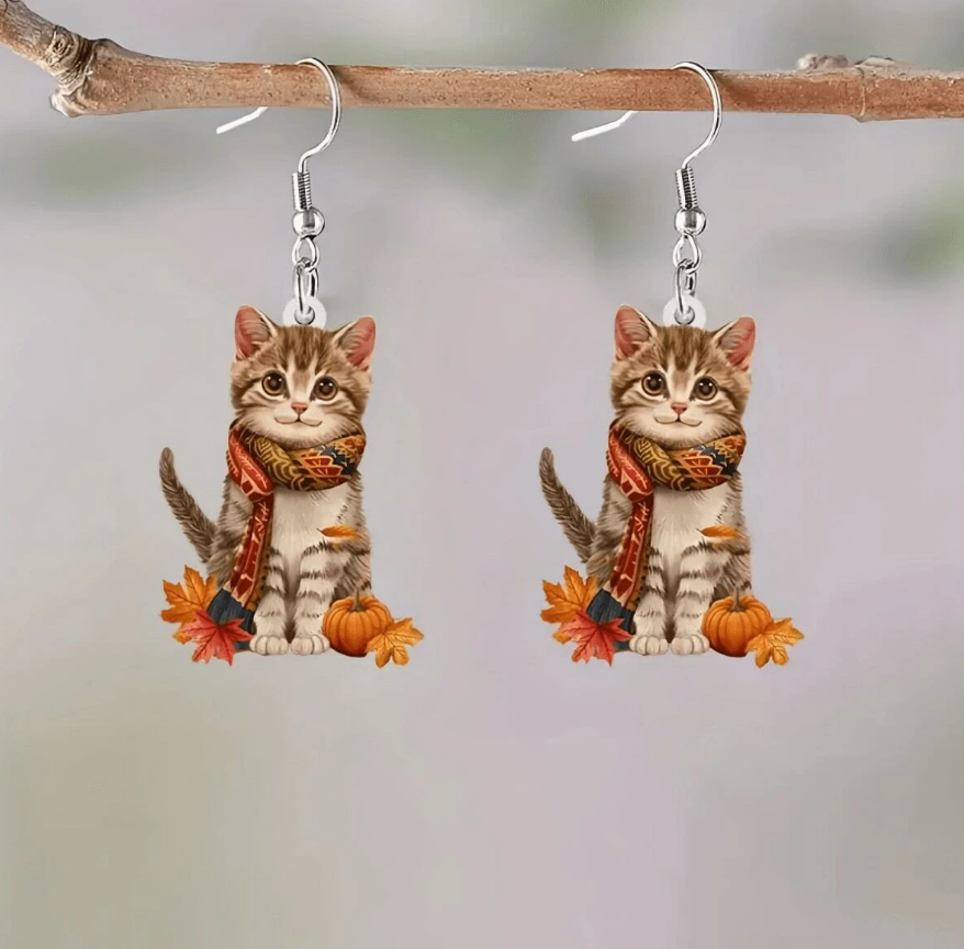 🍁 Pendientes Otoñales – Gatitos con Bufanda y Calabazas