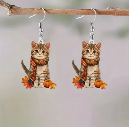 🍁 Pendientes Otoñales – Gatitos con Bufanda y Calabazas