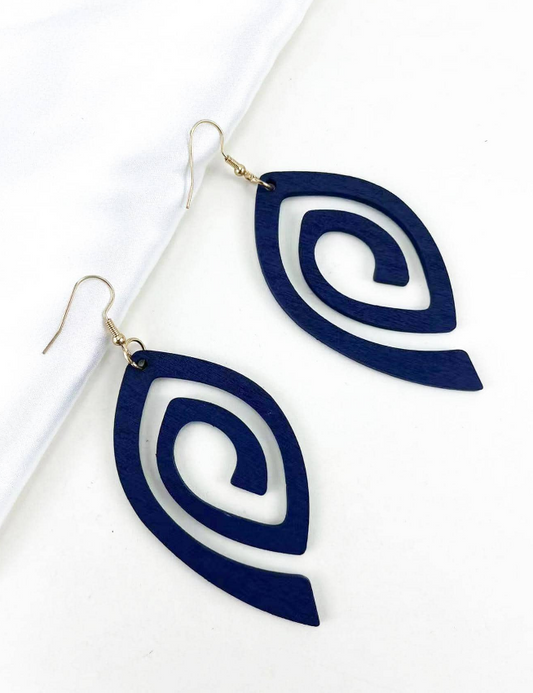 💙 Pendientes de Madera – Espiral Azul Marino & Silueta Geométrica