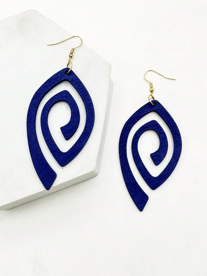 💙 Pendientes de Madera – Espiral Azul Marino & Silueta Geométrica