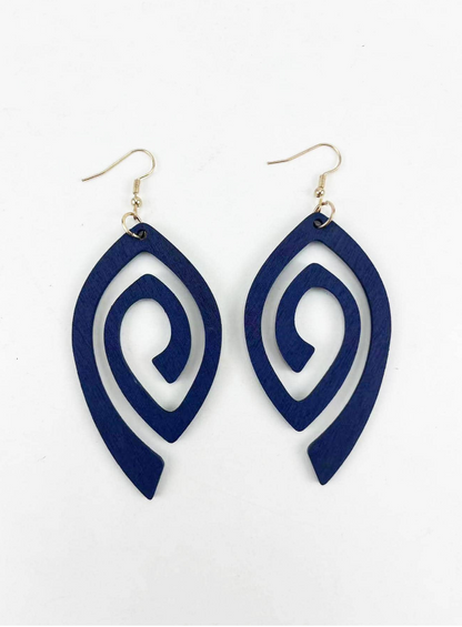 💙 Pendientes de Madera – Espiral Azul Marino & Silueta Geométrica