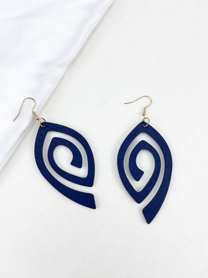 💙 Pendientes de Madera – Espiral Azul Marino & Silueta Geométrica