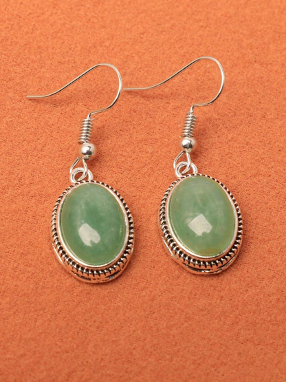 💚 Pendientes Vintage – Óvalo Verde & Marco Plateado
