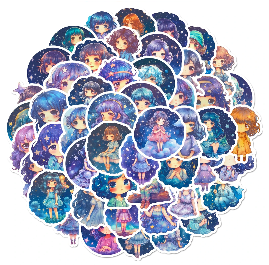 💙 Stickers Muñecas Celestiales – Pack de 10 Unidades & Estilo Fantasía
