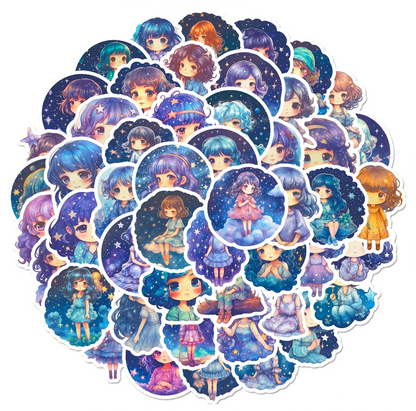 💙 Stickers Muñecas Celestiales – Pack de 10 Unidades & Estilo Fantasía