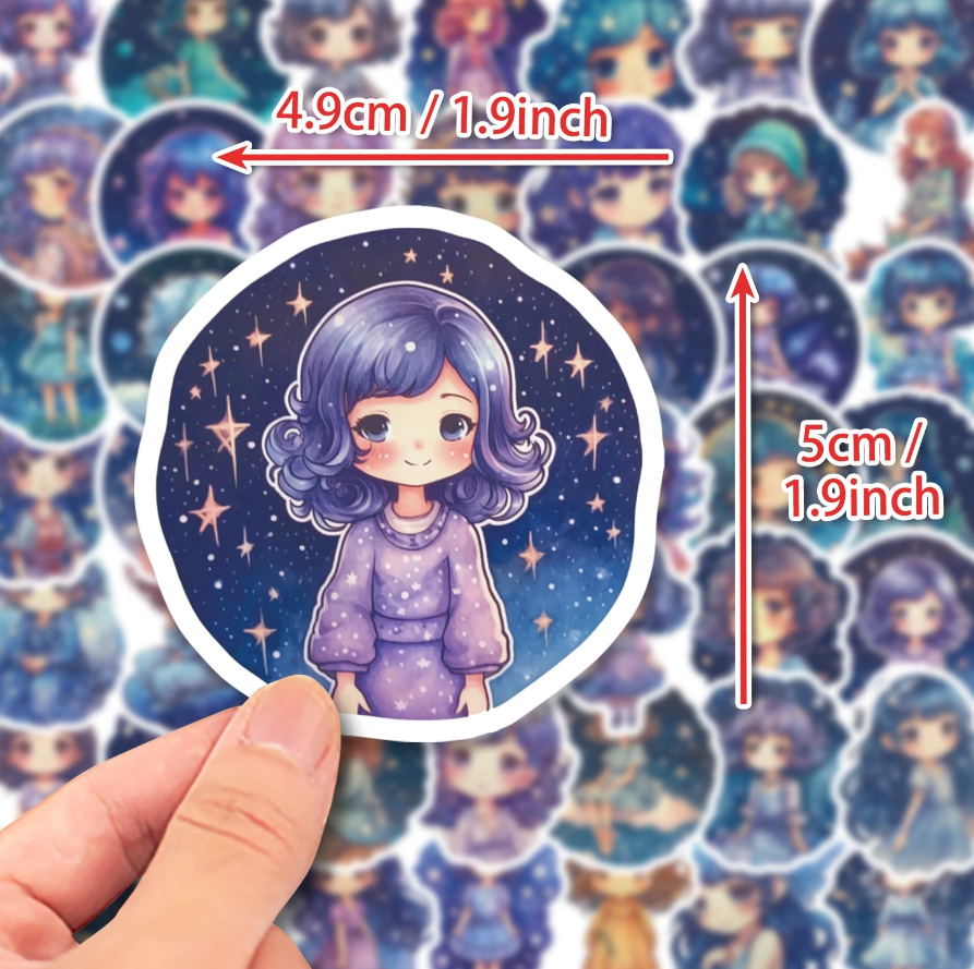 💙 Stickers Muñecas Celestiales – Pack de 10 Unidades & Estilo Fantasía