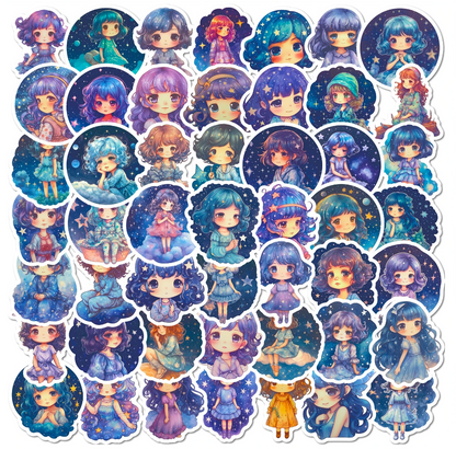 💙 Stickers Muñecas Celestiales – Pack de 10 Unidades & Estilo Fantasía