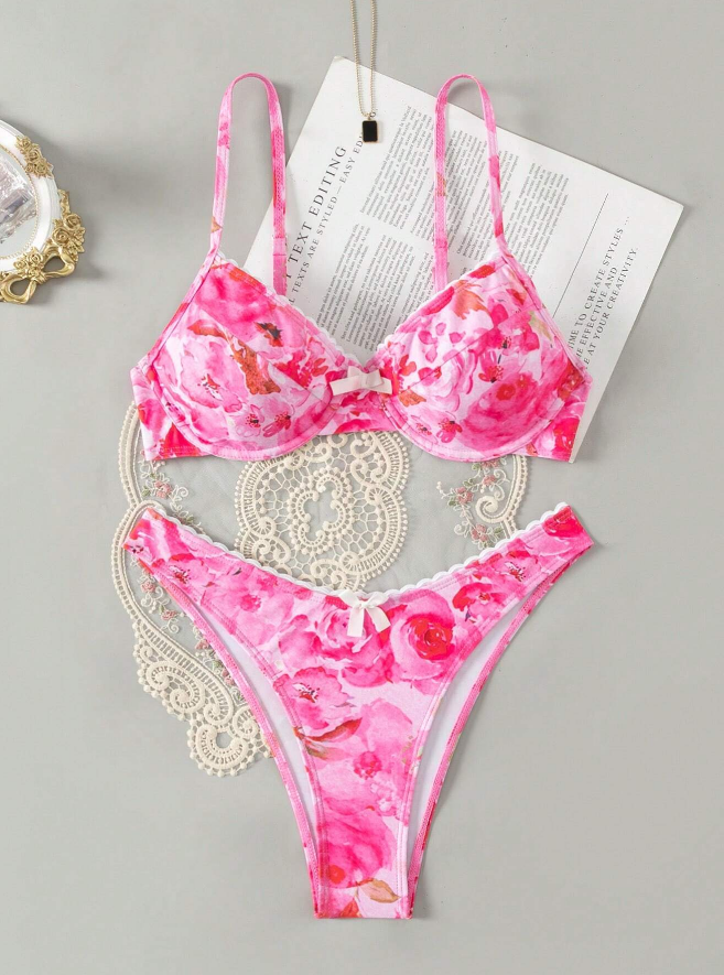 🌺 Conjunto de Bikini Estampado con Moño y Encaje