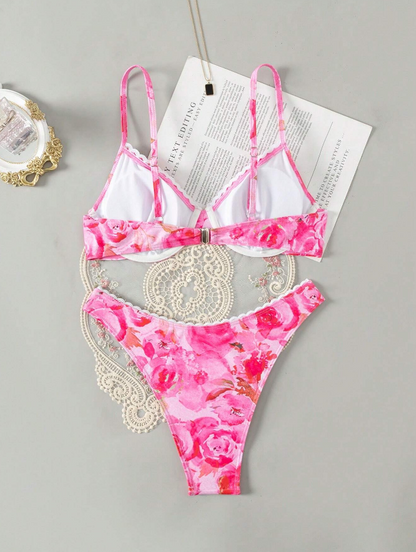 🌺 Conjunto de Bikini Estampado con Moño y Encaje